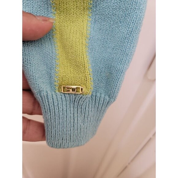 Vintage ST. JOHN SPORT Blue & Green Knit Hooded Cardigan Sweater With Pockets & - Picture 7 of 16